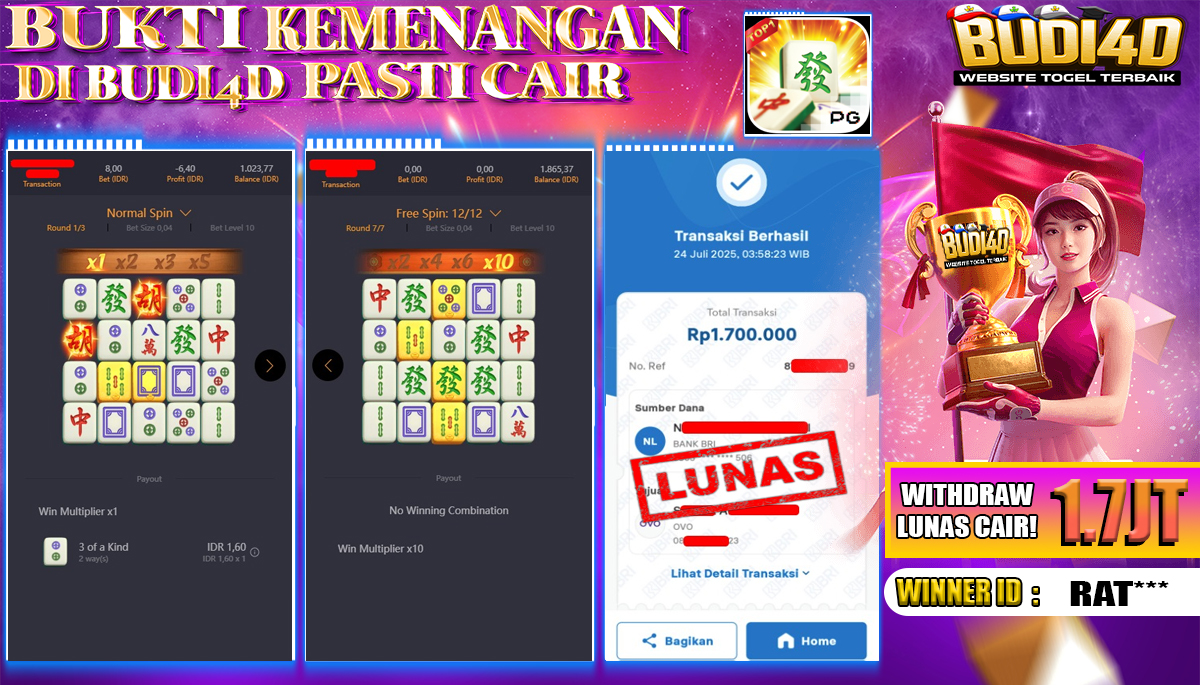 BUDI4D JACKPOT USERID: RAT*** SLOT PGSOFT MAHJONG WAYS Rp.1.700.000,- LUNAS